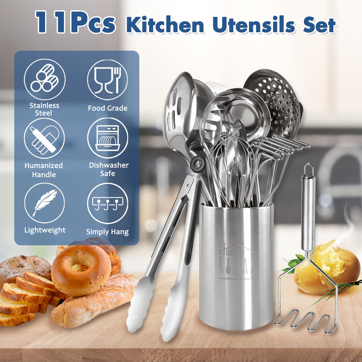 11pcs Stainless Steel Kitchen Utensils Set with Storage Bin