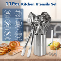 11pcs Stainless Steel Kitchen Utensils Set with Storage Bin