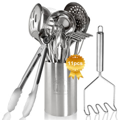 11pcs Stainless Steel Kitchen Utensils Set with Storage Bin
