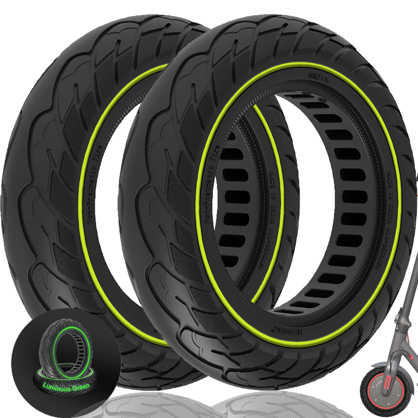 GLDYTIMES 10 inch Solid Rubber Tire, 10x2.125, 50/75-6.1 Tubeless Tyre for Xiaomi M365/Pro 1s/Pro 2, Gotrax G4/Xr/V2 Electric Scooter, 10x2 Puncture-Proof Explosion-Proof Wheel Replacement（Luminous Green 2pcs）