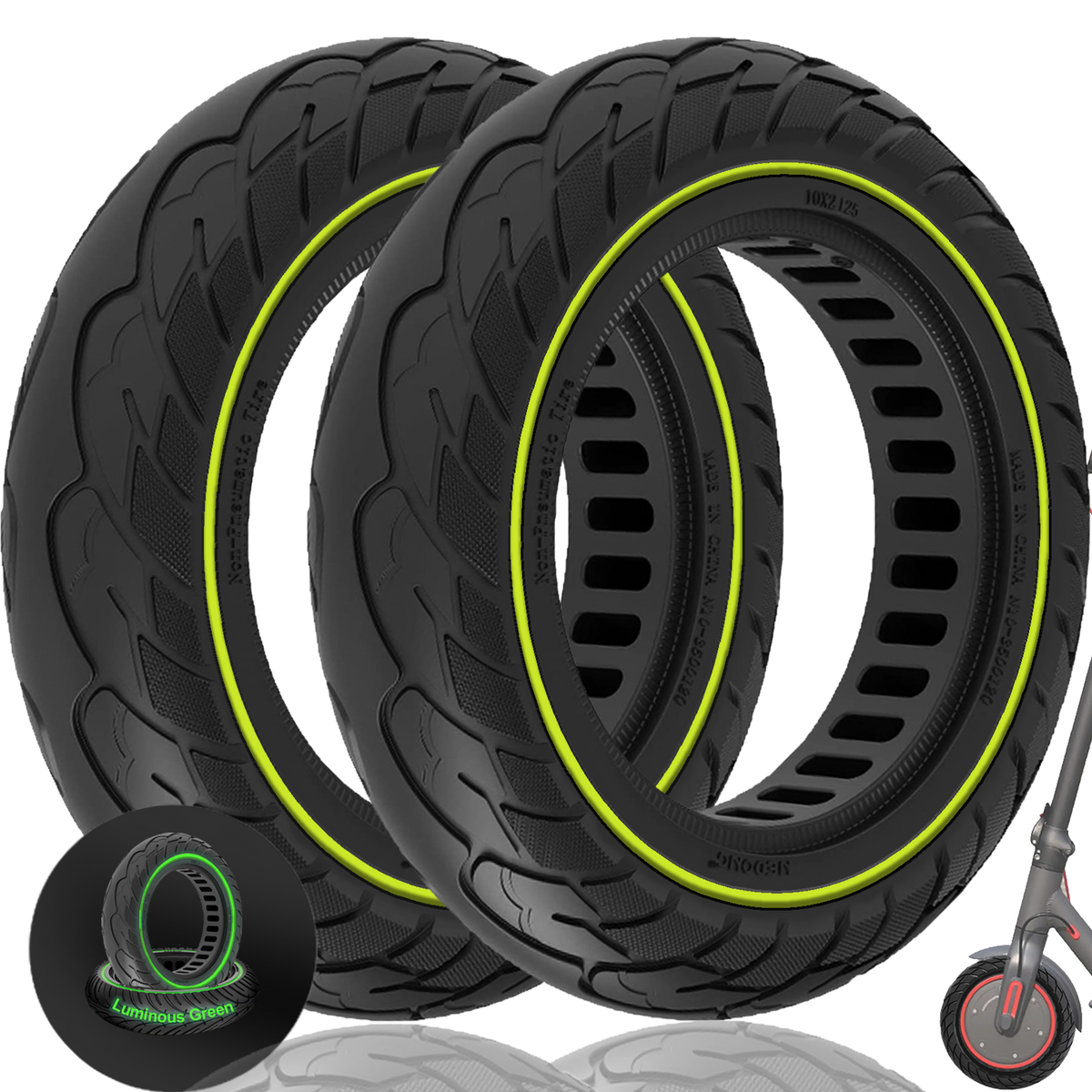 10x2.125 Inches Explosion-Proof Electric Scooter Solid Tire-Luminous Green*2 pieces