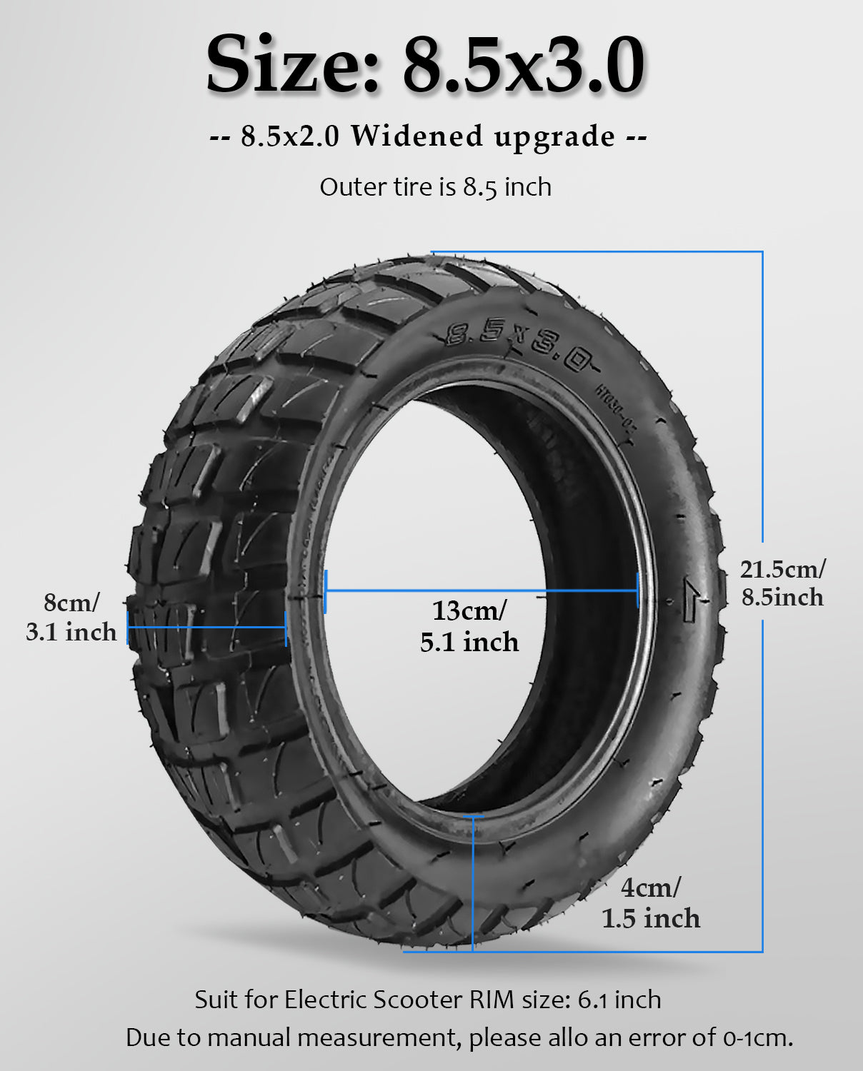 GLDYTIMES 50/75-6.1 Scooter Tire, 8.5 Inch 8.5x2.0 Upgrade Size 8.5x3.0 Off Road Tire Fit for Hiboy S2~Gotrax GXL V2/XR/Apex XL~Dualtron Mini~Xiaomi M365 Electric Scooter Wheel, 8 1/2" Front Rear Tyre