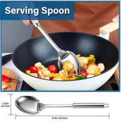 2pcs Stainless Steel Cooking Spoon Set, Large Serving Spoon And Pasta Fork