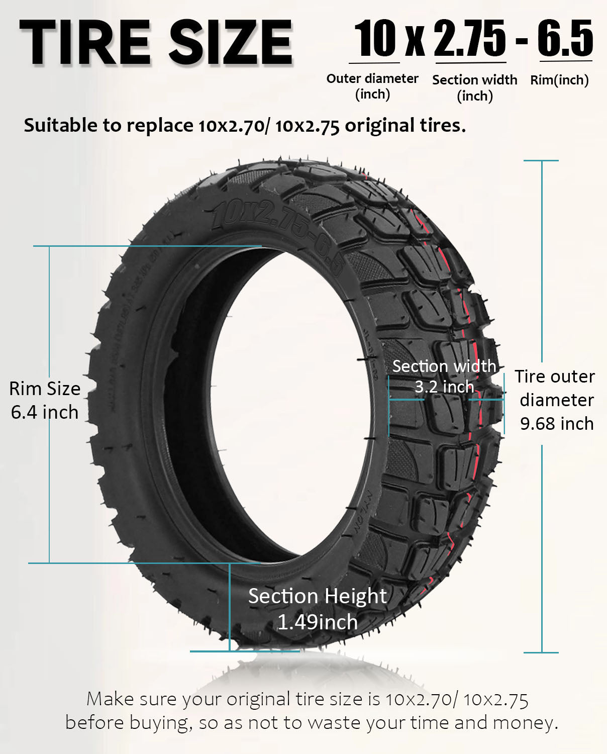 GLDYTIMES 10x2.75 70/65-6.5 Off Road Tire, 10 Inch 10x2.70-6.5 Scooter Vacuum Tire Replacement for Hiboy Titan Pro Max3 Evercross H5 HB24 Hover-1 Alpha Emove Cruiser Electric Scooter, Front Rear Tyre