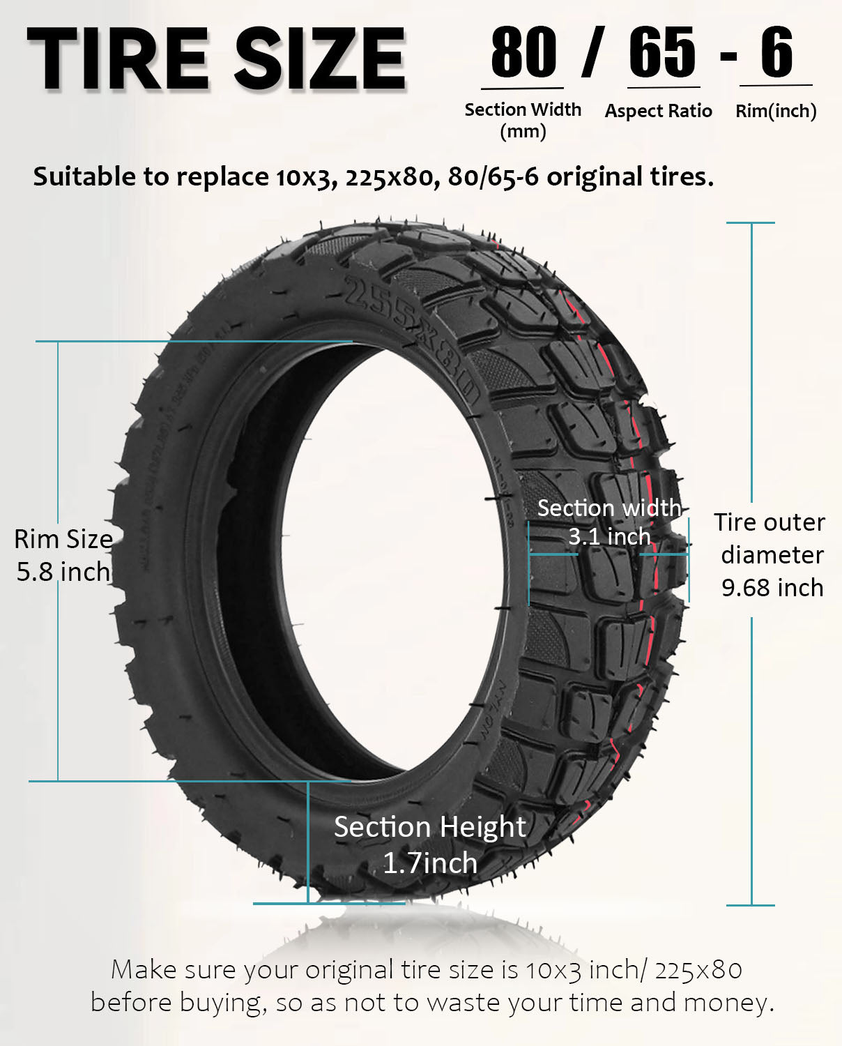 GLDYTIMES 10x3 255x80 80/65-6 Off-road Vacuum Tire Rubber Outer Tire Replacement for Zero 10x/ Apollo Pro/Kugoo M4 Pro Electric Scooter Go karts ATV Quad Speedway, Thickened Anti-explosion Tyre