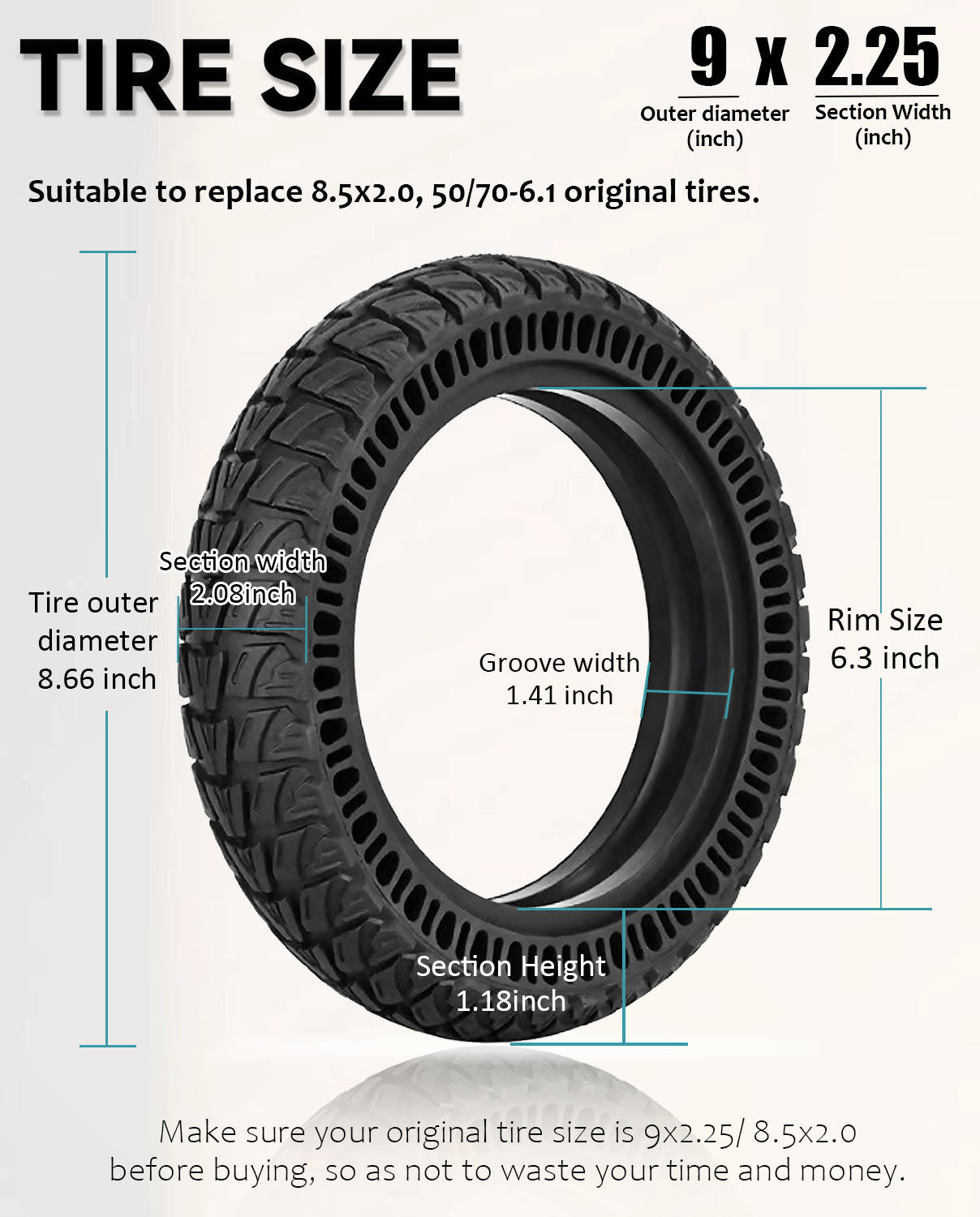 GLDYTIMES 50/75-6 8.5x2.0 Off-road Tire Replacement for All 8.5 inch Original Tire Fit for Gotrax GXL V2 XR/Apex XL/G3 Plus~Hiboy S2~Xiaomi M365/Pro 2-9 Inch 9x2.25 Solid Tire Explosion-proof