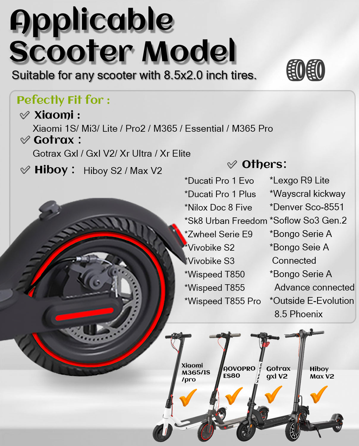 8.5 x 2.0 Inches Anti-explosion Electric Scooter Solid Tire-Red