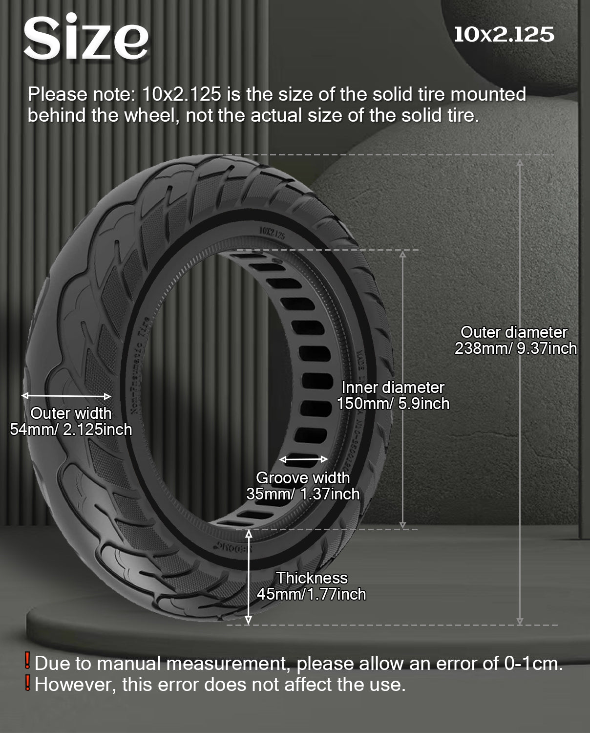 GLDYTIMES 10 inch Solid Rubber Tire, 10x2.125, 50/75-6.1 Tubeless Tyre for Xiaomi M365/Pro 1s/Pro 2, Gotrax G4/Xr/V2 Electric Scooter, 10x2 Puncture-Proof Explosion-Proof Wheel Replacement（Black 1pc）